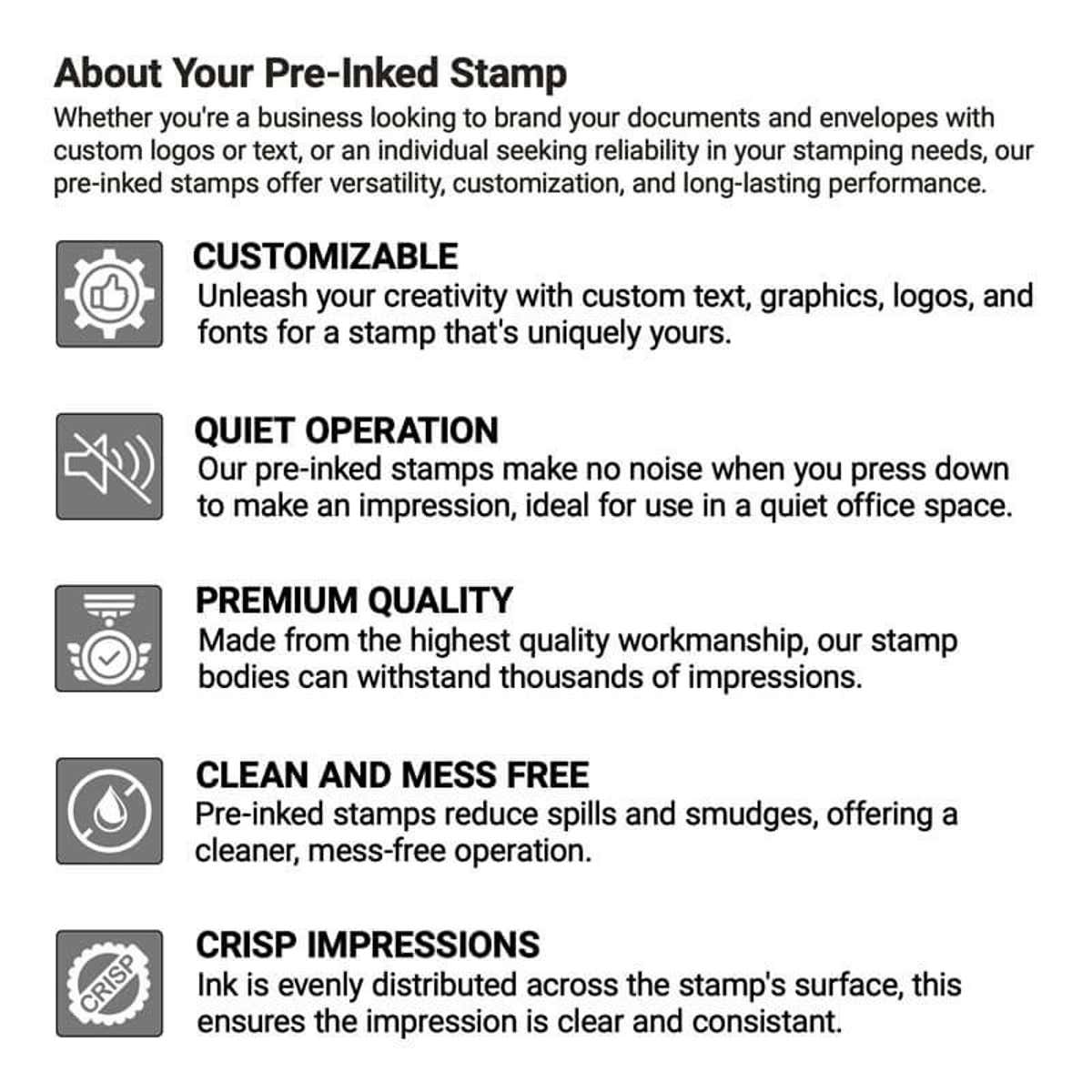 Infographic explaining key features of self-inking stamps including customization, convenience, premium quality, laser engraving, and crisp impressions