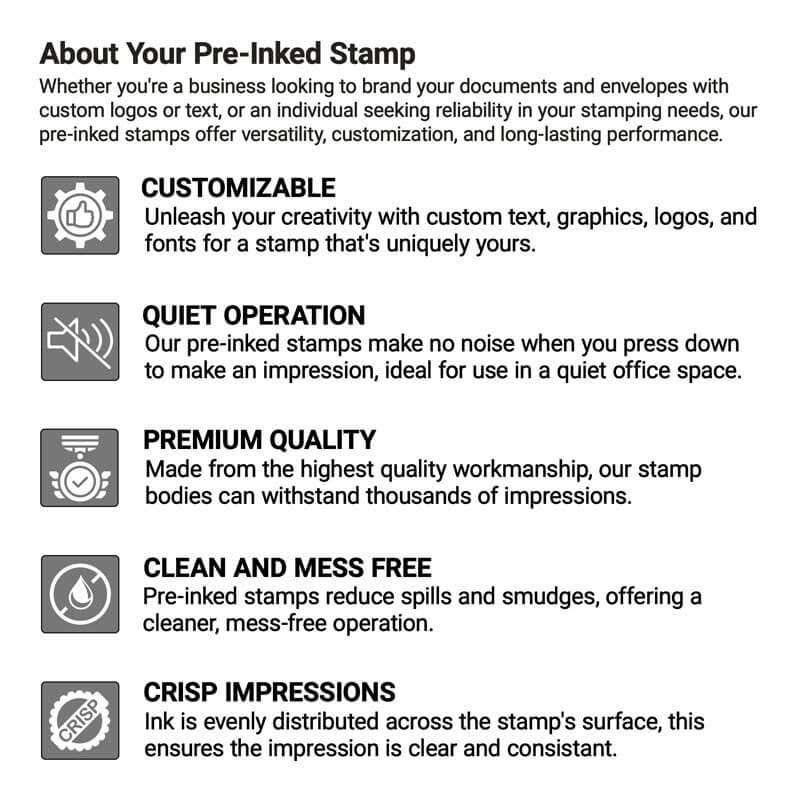 Infographic explaining key features of self-inking stamps including customization, convenience, premium quality, laser engraving, and crisp impressions