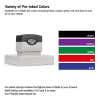 Pre-inked stamp displayed alongside 5 available water-based ink colors—black, purple, green, red, and blue