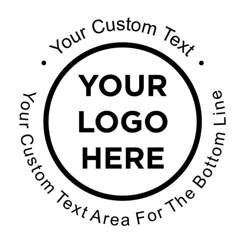 Custom Rubber Stamp design preview featuring 'Your Logo Here' in the center and editable custom text around the border