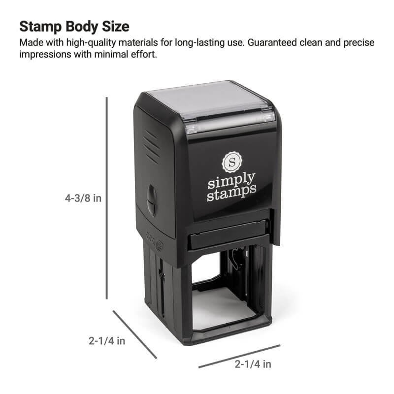 Simply Stamps self-inking stamp with labeled body dimensions of 4-3/8 by 2-1/4 inches