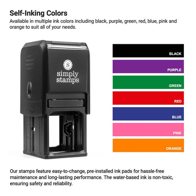 Image of a self-inking stamp. Next to it is a color chart displaying ink options: black, purple, green, red, blue, pink, and orange. Text details the stamps features, including easy-to-change ink pads.
