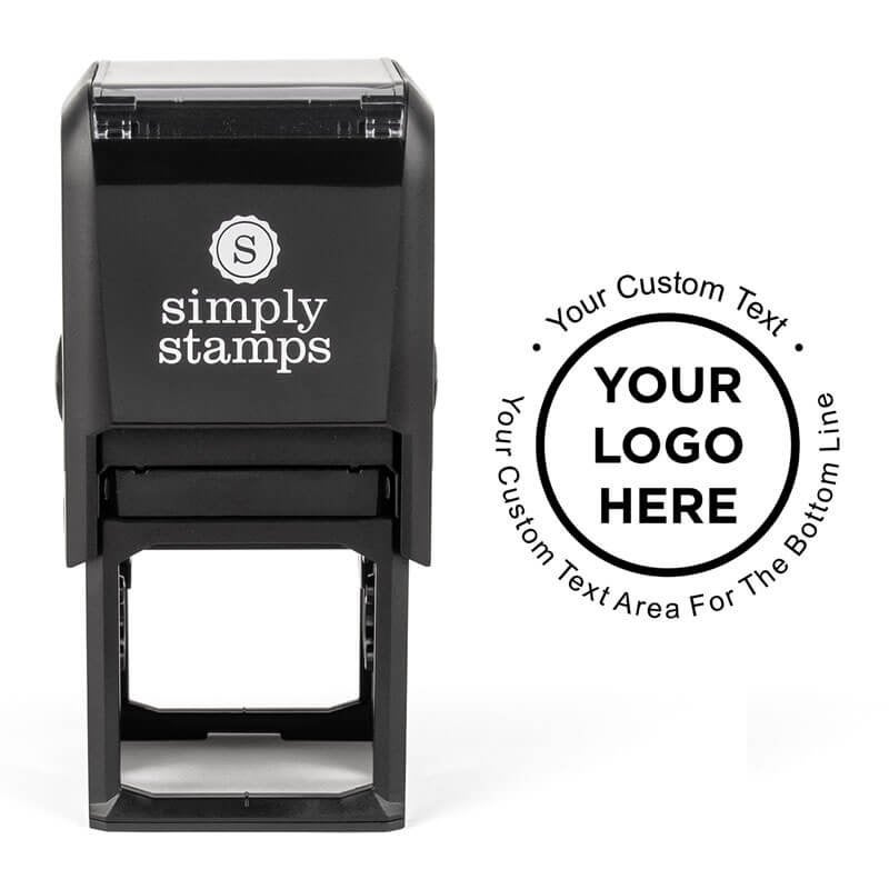 Self-inking stamp next to a round black-and-white sample impression reading 'Your Logo Here' with customizable text