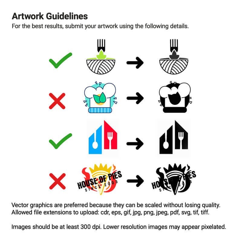 Visual guide explaining custom stamp artwork requirements, comparing acceptable and unacceptable image file types and resolutions