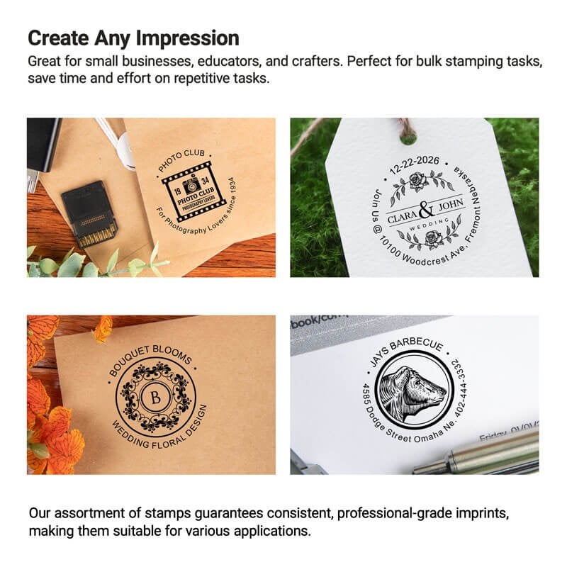 Examples of custom stamp impressions on tags, packaging, and paper