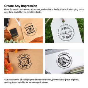 Examples of custom stamp impressions on tags, packaging, and paper