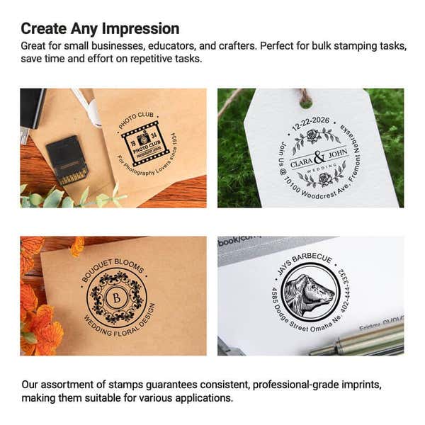 Examples of custom stamp impressions on tags, packaging, and paper