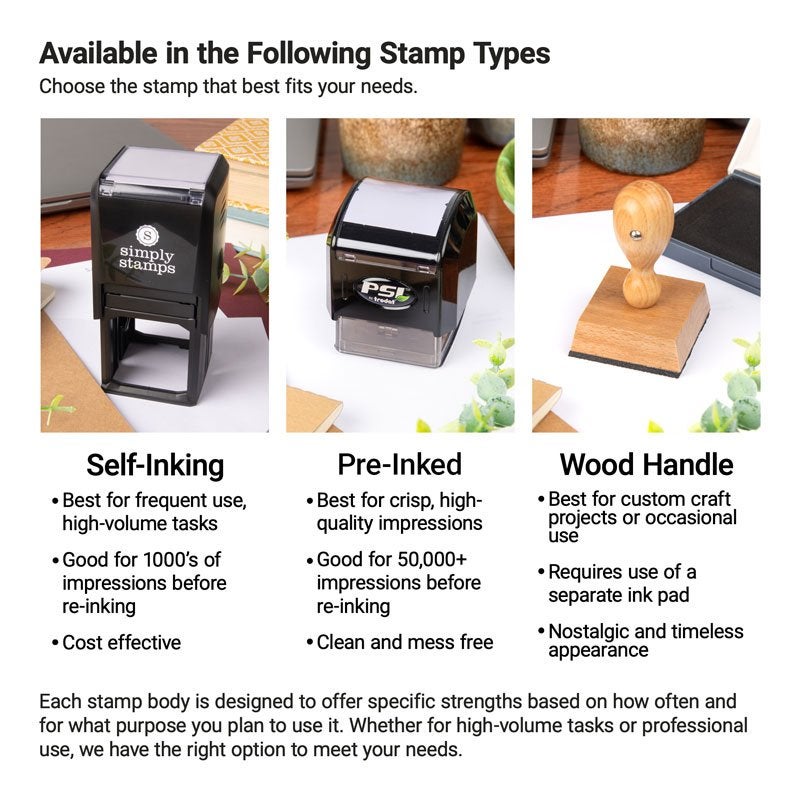 Comparison of self-inking, pre-inked, and wood handle stamps with descriptions for best use cases, impression count, and stamping style