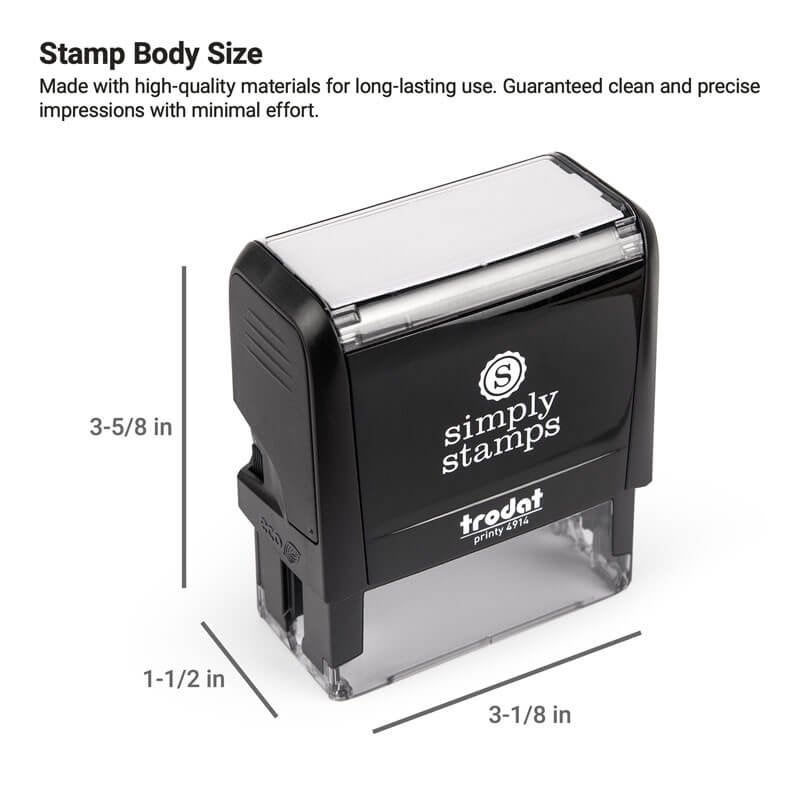 Trodat 4914 self-inking stamp from Simply Stamps with labeled body dimensions of 3-5/8 by 3-1/8 inches