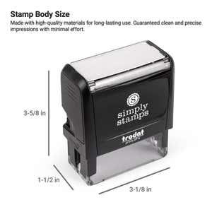 Trodat 4914 self-inking stamp from Simply Stamps with labeled body dimensions of 3-5/8 by 3-1/8 inches