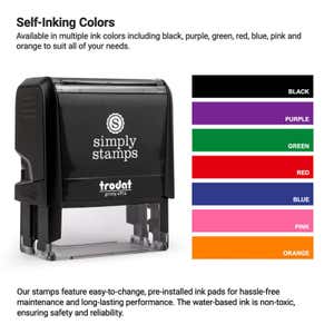 Image of a self-inking stamp. Next to it is a color chart displaying ink options: black, purple, green, red, blue, pink, and orange. Text details the stamps features, including easy-to-change ink pads.