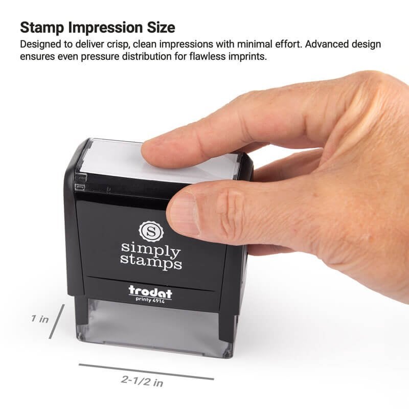 Hand using Trodat 4914 stamp with a 2-1/2 by 1 inch impression area