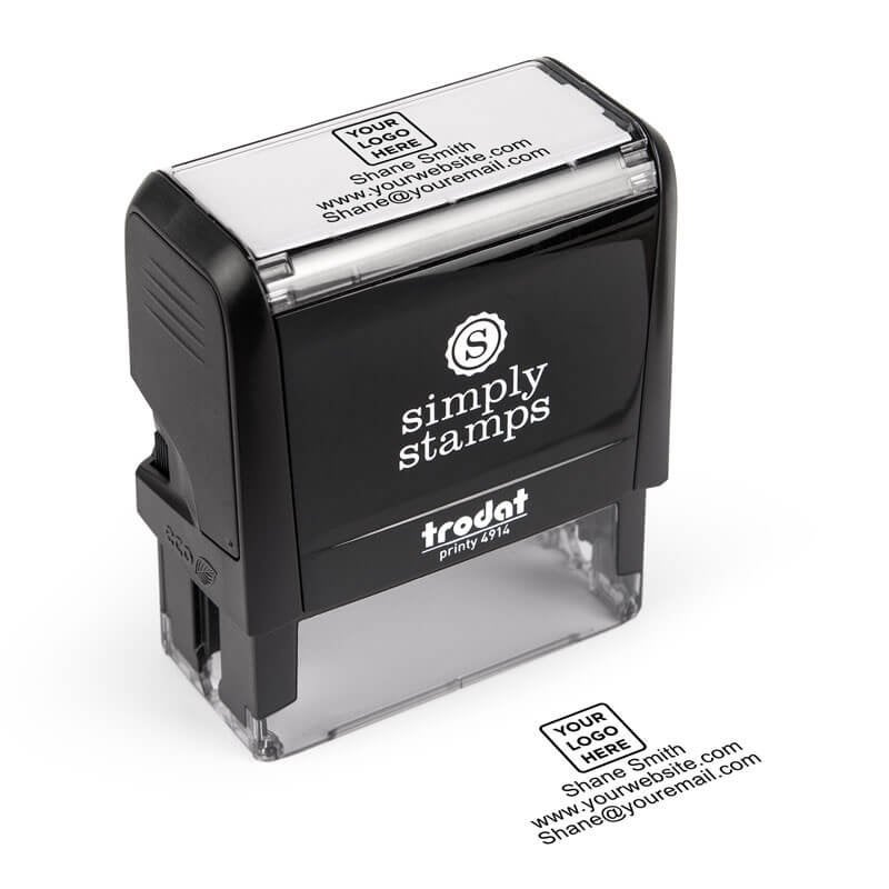 Simply Stamps Trodat 4914 self-inking stamp shown next to a sample imprint featuring custom logo and professional contact information