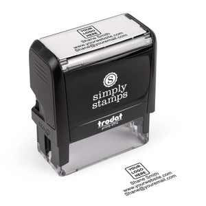 Simply Stamps Trodat 4914 self-inking stamp shown next to a sample imprint featuring custom logo and professional contact information
