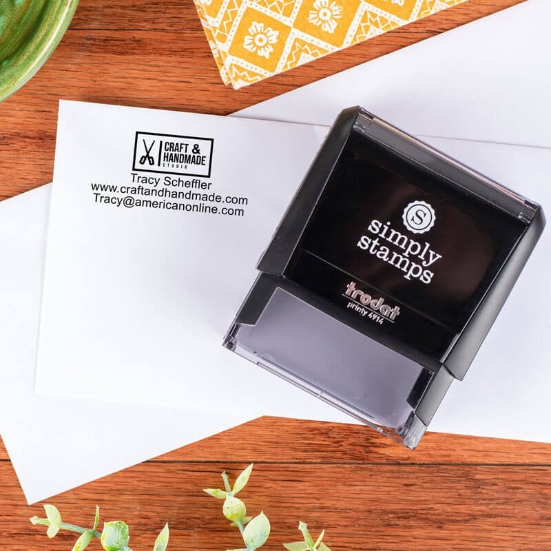 Simply Stamps Trodat 4914 stamp shown with a 'Craft & Handmade' business logo impression on a white envelope