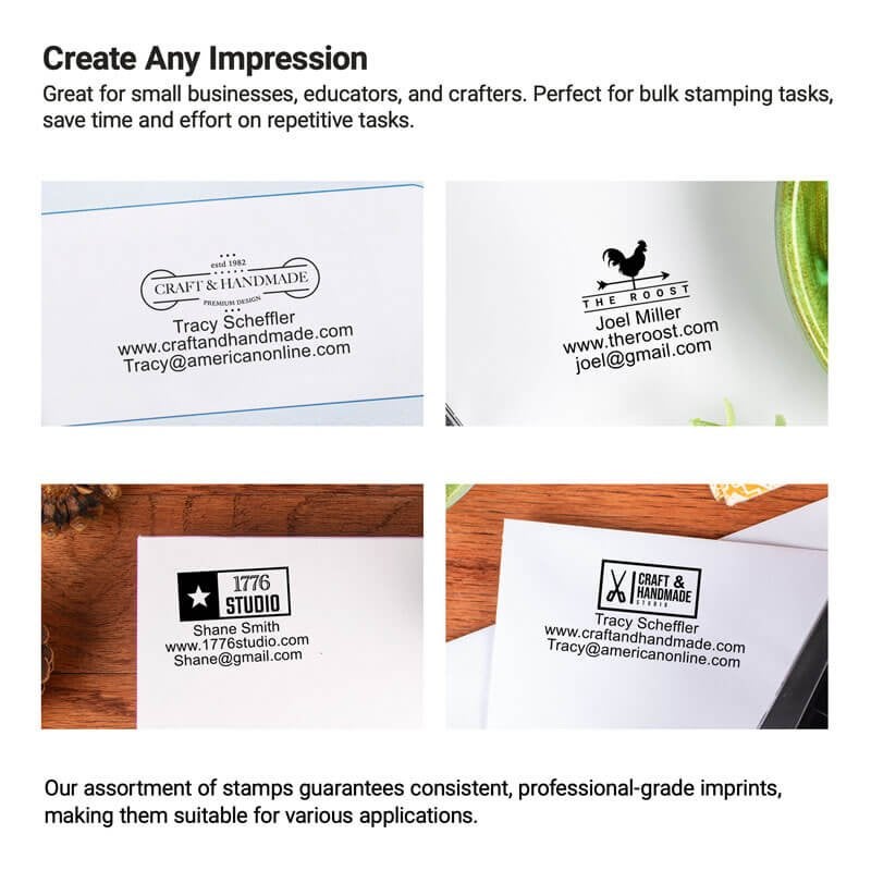 Examples of custom stamp impressions on tags, packaging, and paper