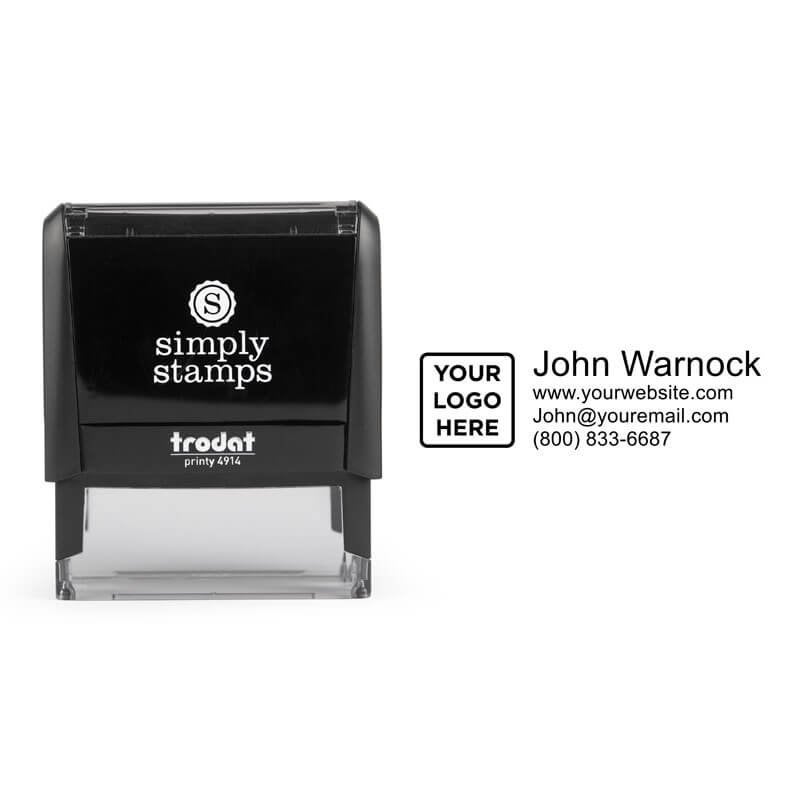 Trodat Printy 4914 self-inking logo stamp next to impression design sample