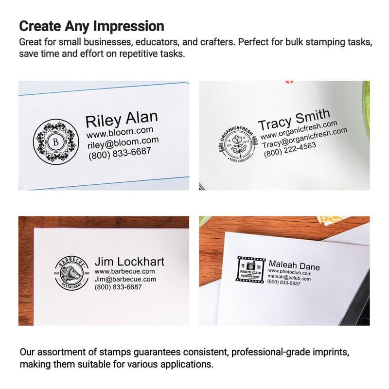 Examples of custom stamp impressions on tags, packaging, and paper