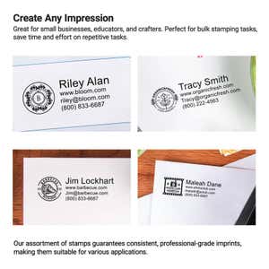 Examples of custom stamp impressions on tags, packaging, and paper