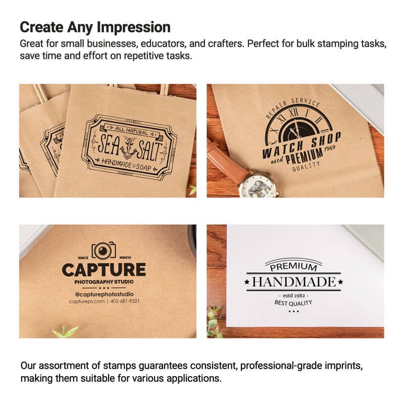 Examples of custom stamp impressions on tags, packaging, and paper