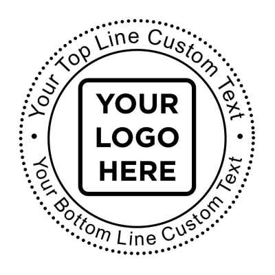 Custom Rubber Stamp impression design reading “Your Logo Here” inside of a circle with customizable text on top and bottom arcs