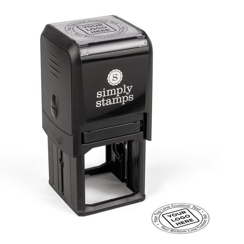 Black Simply Stamps self-inking stamp with a round customizable impression reading “Your Logo Here” and space for custom text on the top and bottom