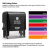 Self-inking stamp with a chart of color choices, highlighting non-toxic ink pads in a variety of vibrant shades: black, purple, green, red, blue, pink, and orange