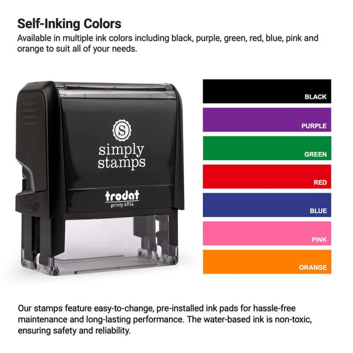 Self-inking stamp with a chart of color choices, highlighting non-toxic ink pads in a variety of vibrant shades: black, purple, green, red, blue, pink, and orange