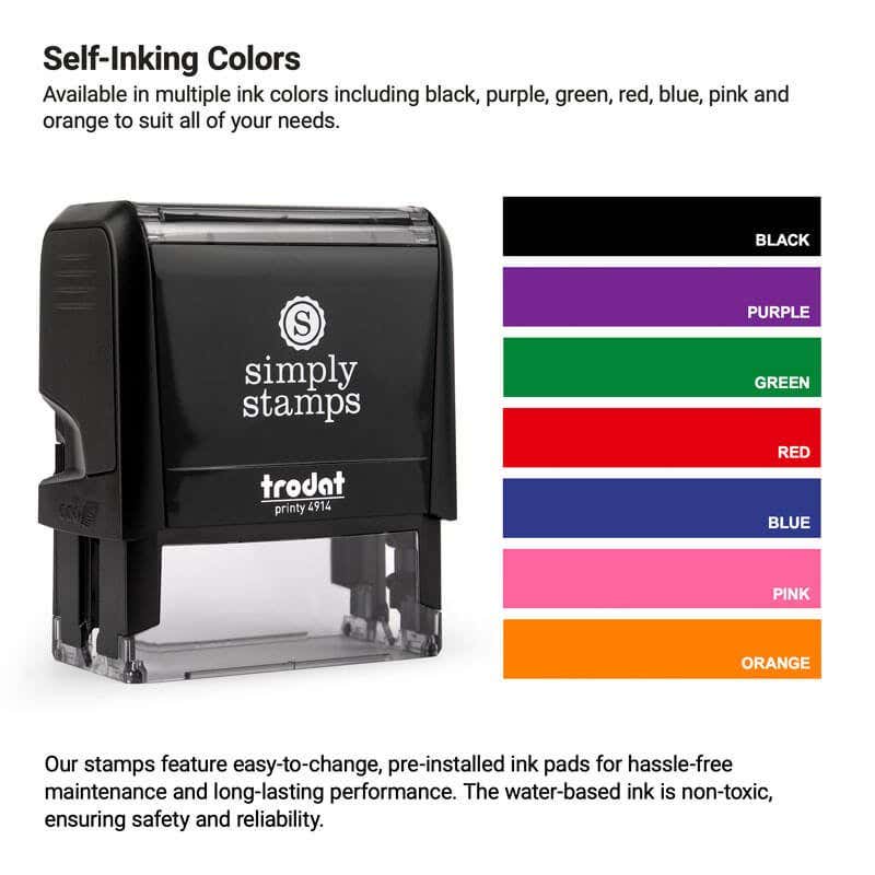 Self-inking stamp with a chart of color choices, highlighting non-toxic ink pads in a variety of vibrant shades: black, purple, green, red, blue, pink, and orange