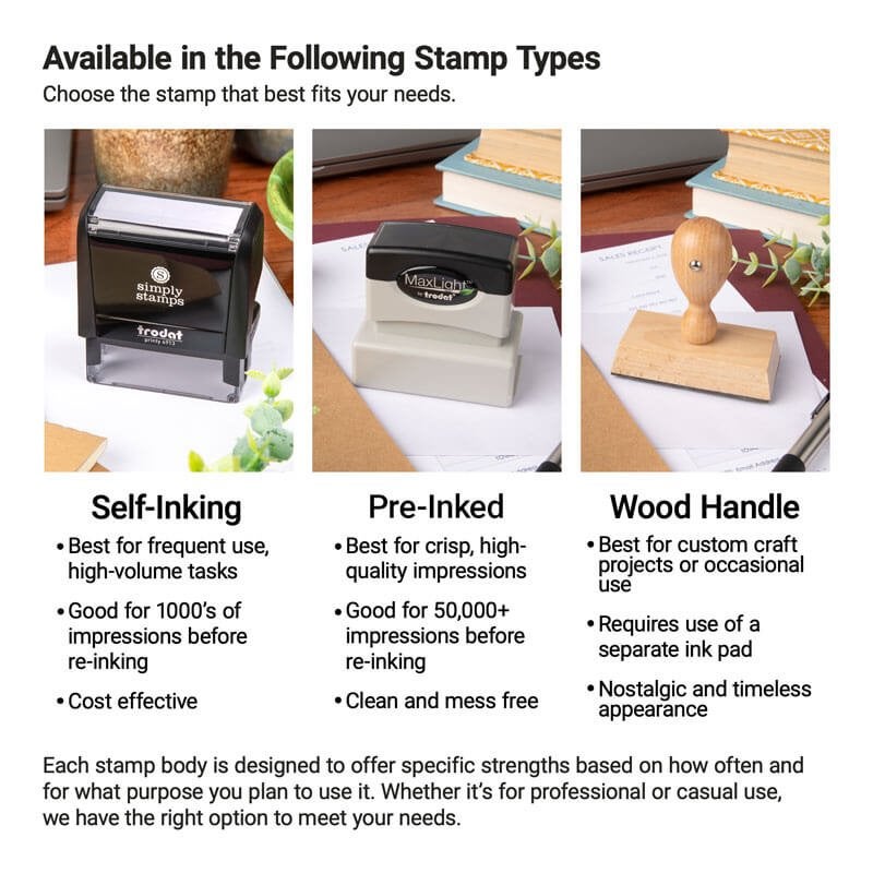Visual guide explaining differences between available stamp types—self-inking for high volume, pre-inked for precision, and wood handle for crafts
