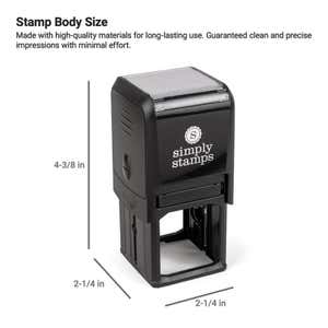Black Simply Stamps self-inking stamp with dimensions labeled 4-3/8 inches tall and 2-1/4 inches wide and deep