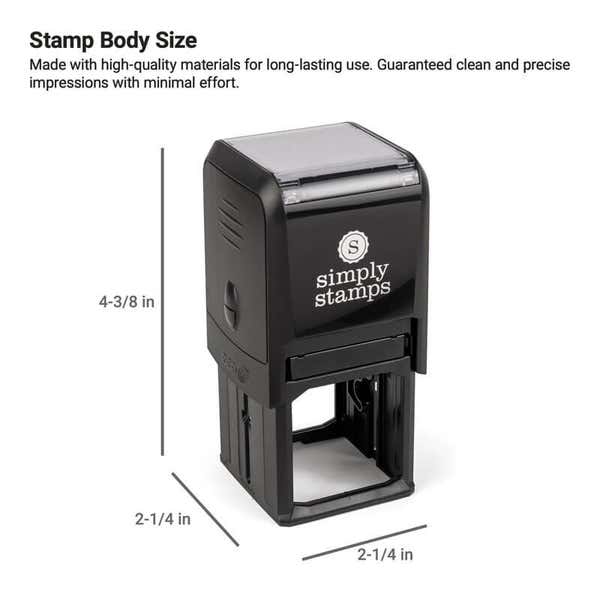 Black Simply Stamps self-inking stamp with dimensions labeled 4-3/8 inches tall and 2-1/4 inches wide and deep