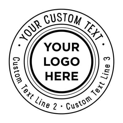 Preview of double ring custom round stamp design featuring 'Your Logo Here' in the center and placeholder text around the outer ring