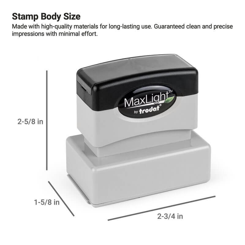 MaxLight by Trodat stamp with labeled dimensions showing 2-5/8 inches tall, 1-5/8 inches deep, and 2-3/4 inches wide