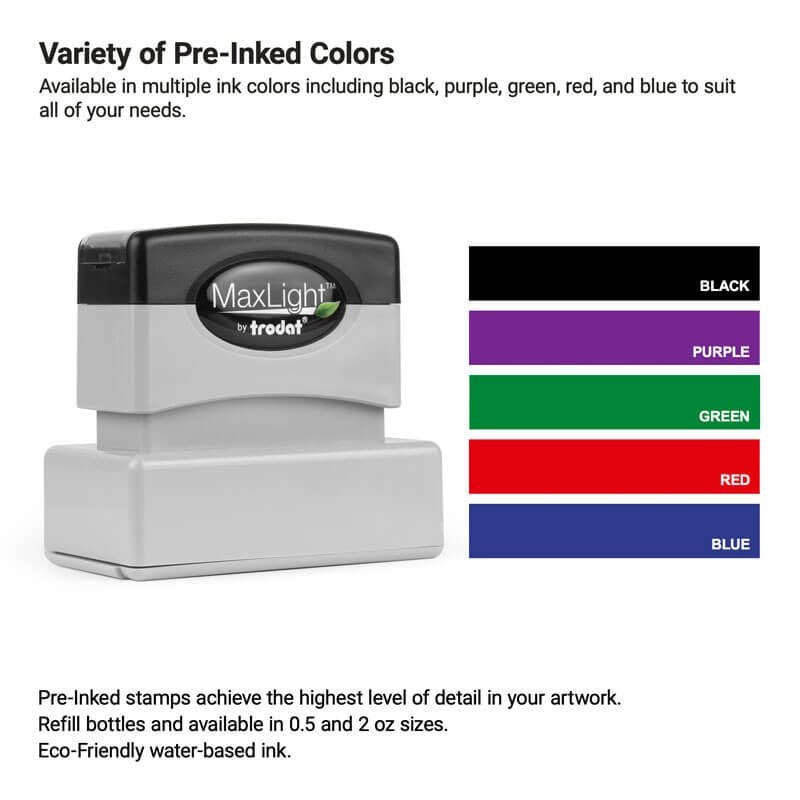 Pre-inked stamp displayed alongside 5 available water-based ink pad colors—black, purple, green, red, and blue