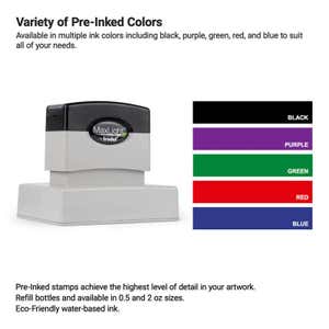 Pre-inked stamp displayed alongside five available ink pad colors—black, purple, green, red, and blue. Perfect for capturing fine logo details with eco-friendly, water-based ink