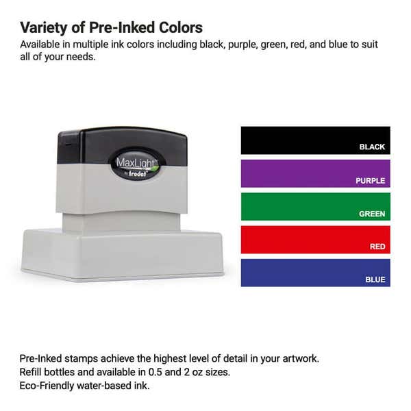 Pre-inked stamp displayed alongside five available ink pad colors—black, purple, green, red, and blue. Perfect for capturing fine logo details with eco-friendly, water-based ink