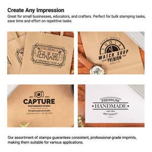 Collage showcasing personalized stamp designs used for branding, gift tags, and logos, highlighting creative uses for custom stamps