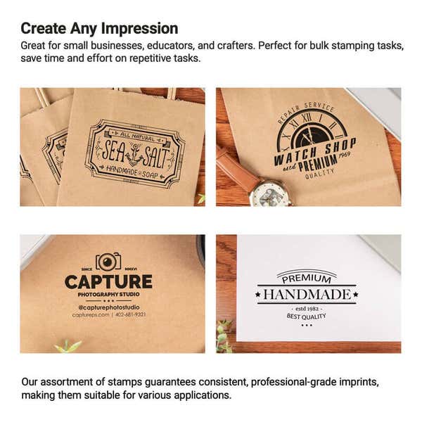 Collage showcasing personalized stamp designs used for branding, gift tags, and logos, highlighting creative uses for custom stamps