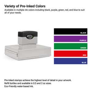 Pre-inked stamp displayed alongside 5 available water-based ink pad colors—black, purple, green, red, and blue