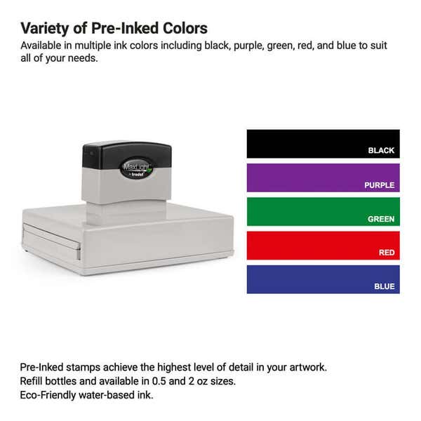Pre-inked stamp displayed alongside 5 available water-based ink pad colors—black, purple, green, red, and blue