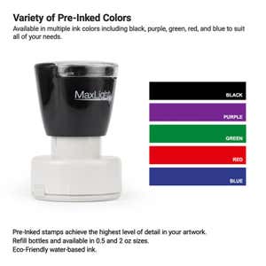 MaxLight pre-inked custom stamp shown with available ink color options—black, purple, green, red, and blue—ideal for creating high-detail logo stamps or professional impressions