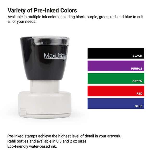 MaxLight pre-inked custom stamp shown with available ink color options—black, purple, green, red, and blue—ideal for creating high-detail logo stamps or professional impressions