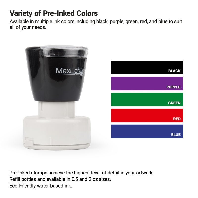 Pre-inked stamp displayed alongside five available ink pad colors—black, purple, green, red, and blue. Perfect for capturing fine logo details with eco-friendly, water-based ink