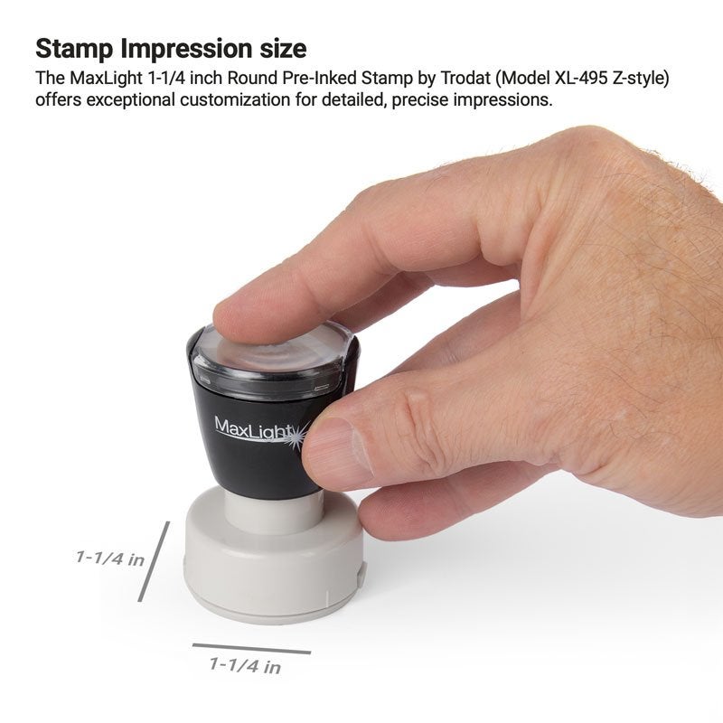 Hand pressing a MaxLight pre-inked custom stamp with a 1-1/4 inch round impression size, designed for detailed logos, signatures, or personalized designs.