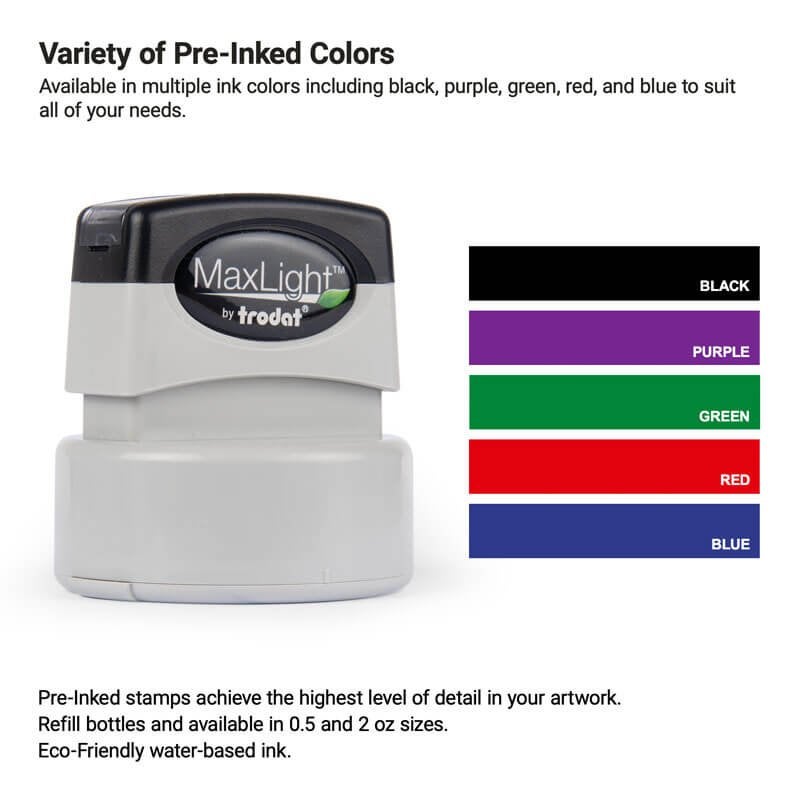 Pre-inked custom stamp shown with available ink color options—black, purple, green, red, and blue—ideal for creating high-detail logo stamps or professional impressions.
