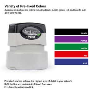 Pre-inked custom stamp shown with available ink color options—black, purple, green, red, and blue—ideal for creating high-detail logo stamps or professional impressions.