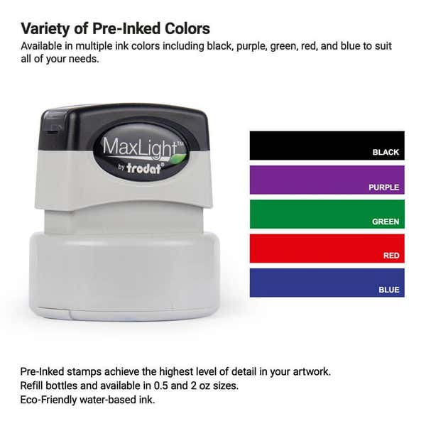 Pre-inked custom stamp shown with available ink color options—black, purple, green, red, and blue—ideal for creating high-detail logo stamps or professional impressions.