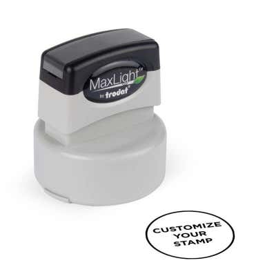 Pre-inked MaxLight stamp with a round base, shown next to a circular stamp impression reading “CUSTOMIZE YOUR STAMP”