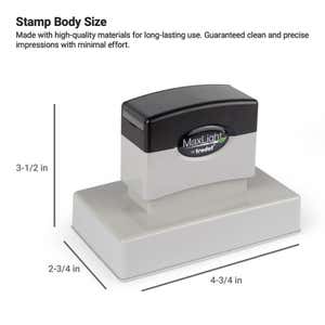 MaxLight stamp by Trodat with black handle and rectangular gray base, measuring 2-3/4" x 4-3/4"